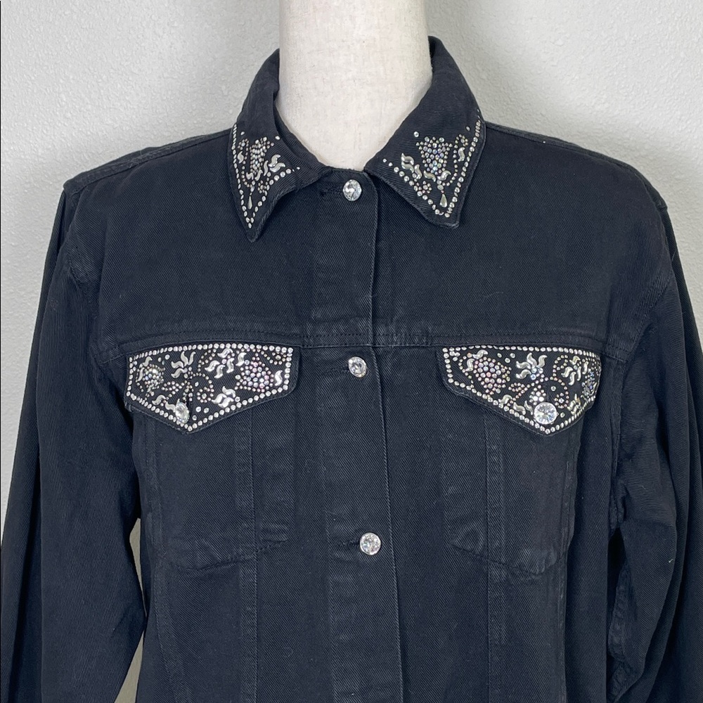 Vintage Christine Alexander Black Denim Swarovski Crystal Jacket Large